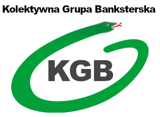 Czarny napis Kolektywna Grupa Banksterska, a pod nim logo ze skrótem KGB otoczonym zielonym wężem z czerwonym okiem i językiem